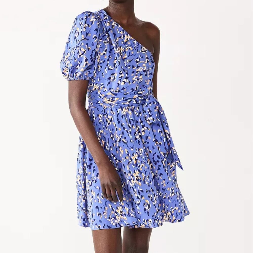 Nine West Plus Blue Animal Print One Shoulder Belted Fit & Flare Mini Dress